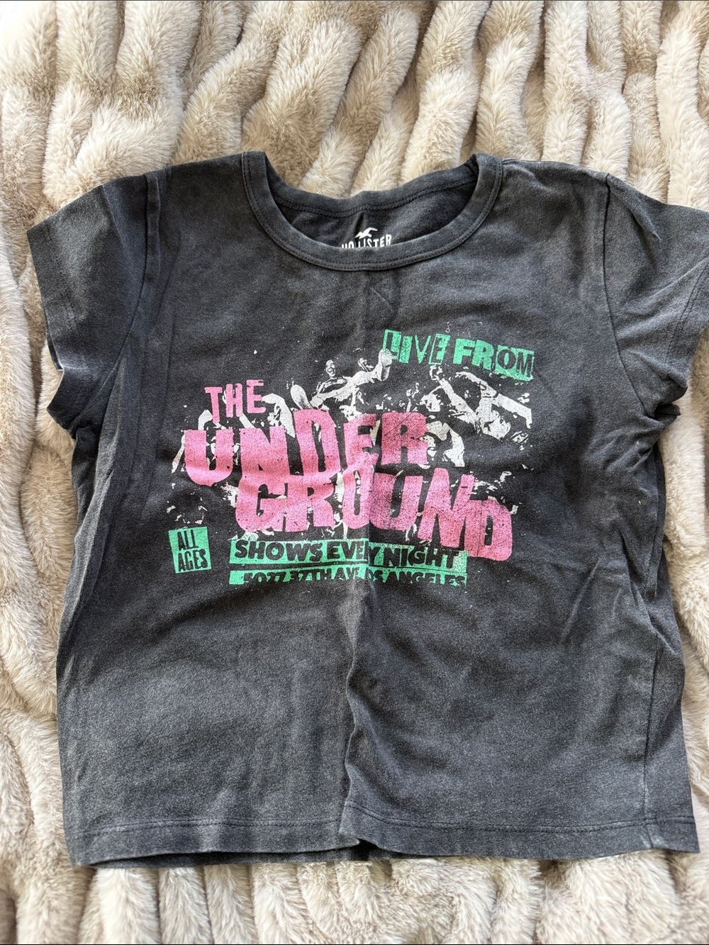 Hollister Black Graphic Tee with Pink & Green Print